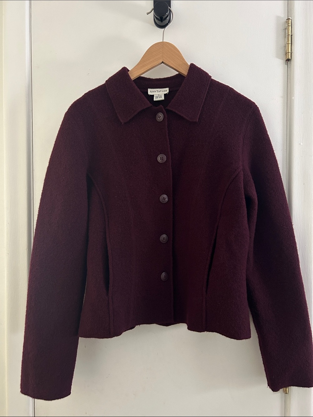 Ann Taylor Oxblood Button-Front 100% Wool Jacket, size Small made in Hong Kong